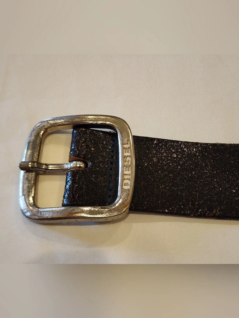 Diesel Black Leather Belt with Brushed Silver Square Buckle